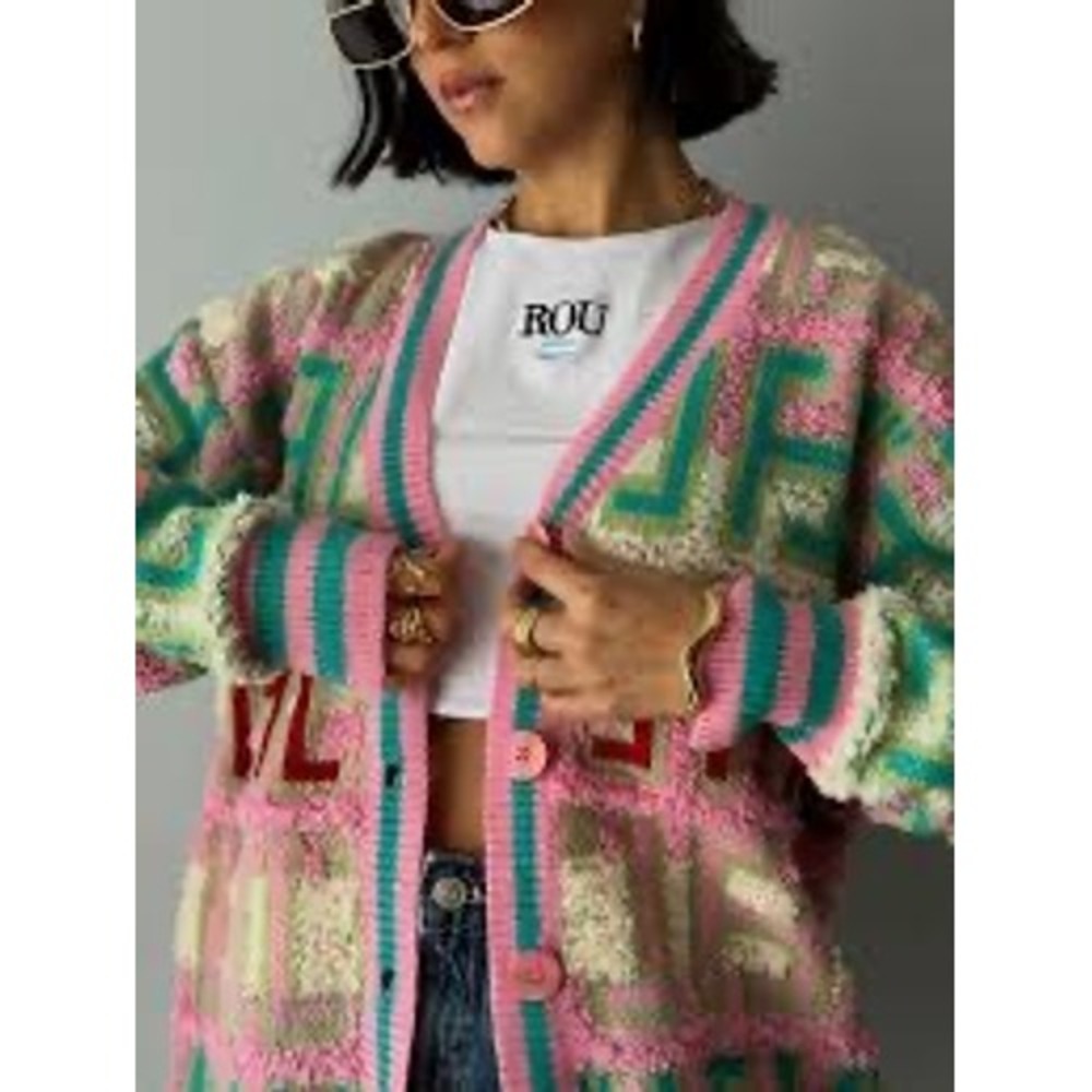 Immodel Pink Teal Geometric Boucle Knit Oversized Cardigan Sweater C-9696‎ cc